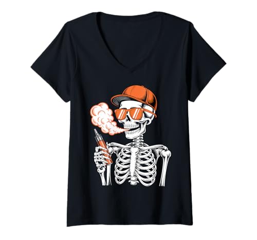 Damen Halloween Skelett Vaping Kostüm T-Shirt mit V-Ausschnitt Damen Halloween Skelett Vaping Kostüm T-Shirt mit V-Ausschnitt von Funny Skeleton Halloween Costumes Tees Co
