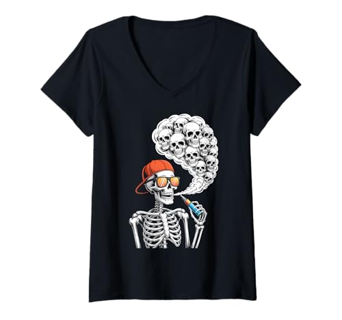 Damen Halloween Skelett Vaping Kostüm T-Shirt mit V-Ausschnitt von Funny Skeleton Halloween Costumes Tees