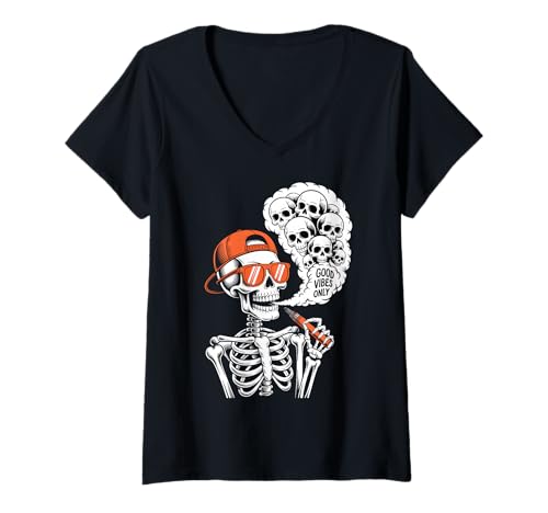 Damen Halloween Skelett Vaping Kostüm T-Shirt mit V-Ausschnitt Damen Halloween Skelett Vaping Kostüm T-Shirt mit V-Ausschnitt von Funny Skeleton Halloween Costumes