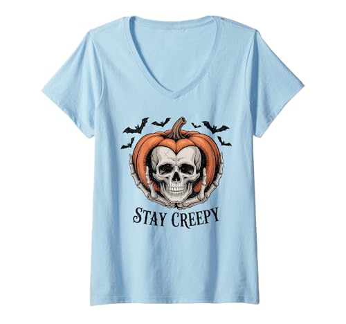 Damen Stay Creepy Tropfendes Herz Halloween Kürbis Skelett T-Shirt mit V-Ausschnitt Damen Stay Creepy Tropfendes Herz Halloween Kürbis Skelett T-Shirt mit V-Ausschnitt von Funny Skeleton Hand Spooky Season Co.