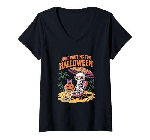 Damen Spooky Summer Skeleton Just Waiting for Halloween T-Shirt mit V-Ausschnitt Damen Spooky Summer Skeleton Just Waiting for Halloween T-Shirt mit V-Ausschnitt von Funny Skeleton Just Waiting Scary Season Gift Idea