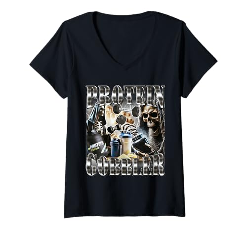 Damen Protein Gobbler Lustiges Gym Skelett Gewichtheben Meme T-Shirt mit V-Ausschnitt Damen Protein Gobbler Lustiges Gym Skelett Gewichtheben Meme T-Shirt mit V-Ausschnitt von Funny Skeleton Protein Gobbler Meme Workout