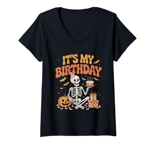 Damen It's My Birthday Skelett Happy Halloween Birthday Party T-Shirt mit V-Ausschnitt von Funny Skeleton Pumpkin Halloween Spooky Birthday