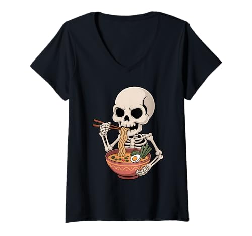 Damen Niedliches Skelett isst Ramen Japanische Kawaii Gruselnudeln T-Shirt mit V-Ausschnitt Damen Niedliches Skelett isst Ramen Japanische Kawaii Gruselnudeln T-Shirt mit V-Ausschnitt von Funny Skeleton Ramen Lover Apparel