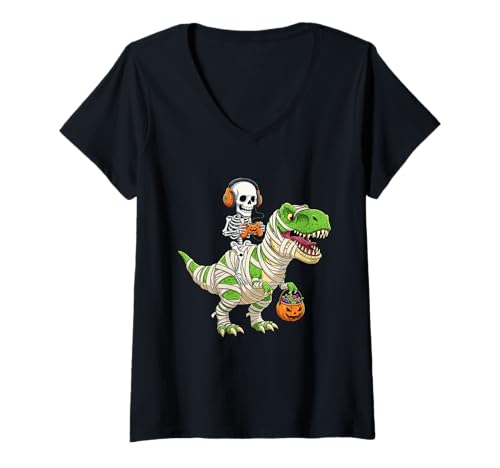 Damen Halloween Dinosaurier Skelett Gaming für Gamer Männer Jungen Kinder T-Shirt mit V-Ausschnitt von Funny Skeleton Riding Mummy Dinosaur T-Rex Pumpkin