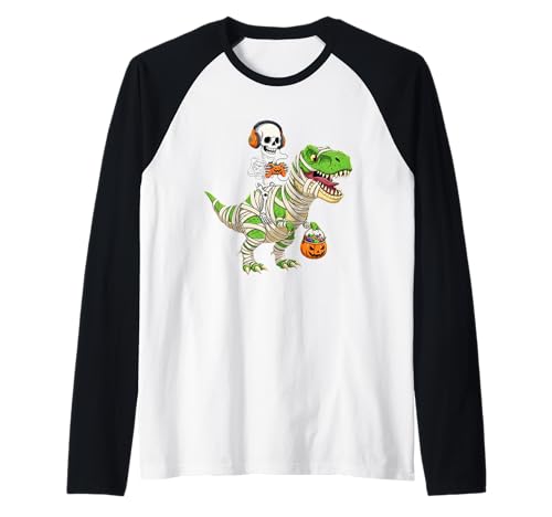 Halloween Dinosaurier Skelett Gaming für Gamer Männer Jungen Kinder Raglan von Funny Skeleton Riding Mummy Dinosaur T-Rex Pumpkin