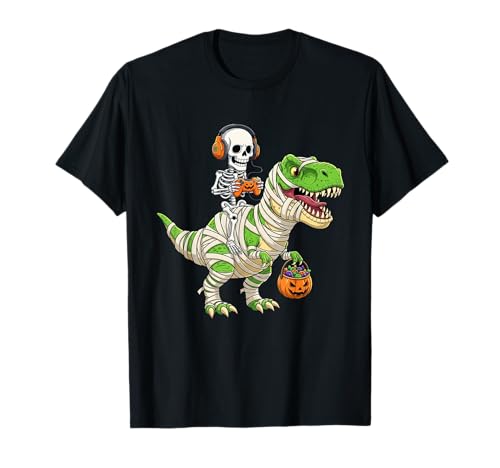 Halloween Dinosaurier Skelett Gaming für Gamer Männer Jungen Kinder T-Shirt von Funny Skeleton Riding Mummy Dinosaur T-Rex Pumpkin