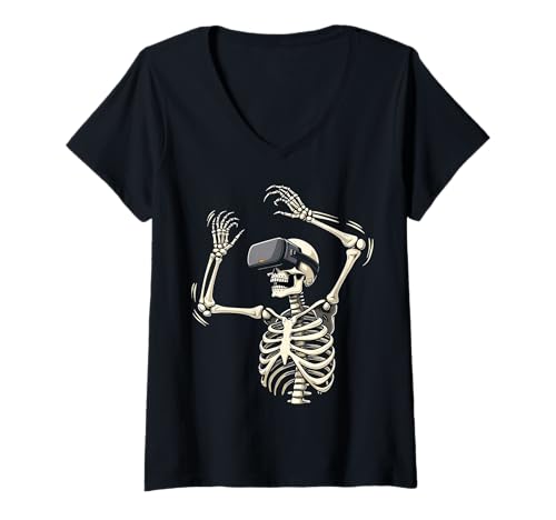 Damen Halloween Skelett VR Headset Kostüm T-Shirt mit V-Ausschnitt von Funny Skeleton VR Headset Halloween Costume