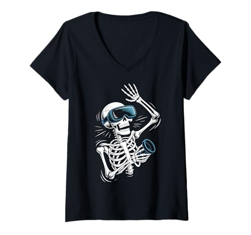 Damen Halloween Skelett VR Headset Kostüm T-Shirt mit V-Ausschnitt von Funny Skeleton VR Headset Halloween Costumes
