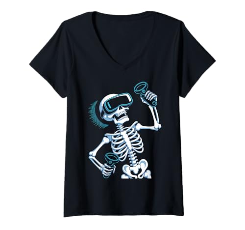 Damen Halloween Skelett VR Headset Kostüm T-Shirt mit V-Ausschnitt Damen Halloween Skelett VR Headset Kostüm T-Shirt mit V-Ausschnitt von Funny Skeleton VR Headset Halloween Tees