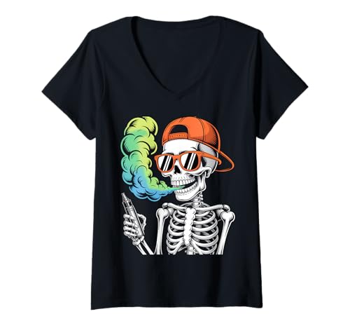 Damen Halloween Skelett Vaping Kostüm T-Shirt mit V-Ausschnitt Damen Halloween Skelett Vaping Kostüm T-Shirt mit V-Ausschnitt von Funny Skeleton Vaping Halloween Costumes
