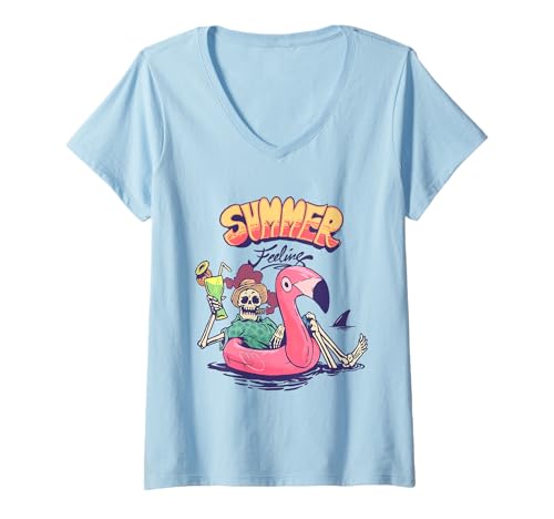 Damen Summer Feeling Skelett Funny Tropical Beach Vibes Flamingo T-Shirt mit V-Ausschnitt Damen Summer Feeling Skelett Funny Tropical Beach Vibes Flamingo T-Shirt mit V-Ausschnitt von Funny Skeleton on Retro Summer Vacation Gifts