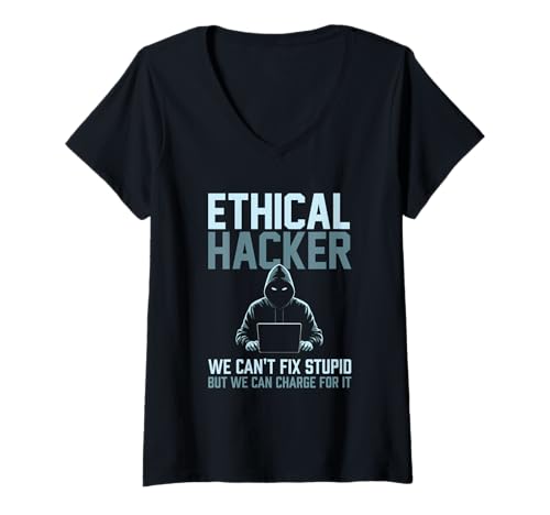 Damen Lustiger ethischer Hacker kann nicht dumm reparieren, aber kann dafür aufladen T-Shirt mit V-Ausschnitt Damen Lustiger ethischer Hacker kann nicht dumm reparieren, aber kann dafür aufladen T-Shirt mit V-Ausschnitt von Funny Skilled Hackers Cyber Security Specialist