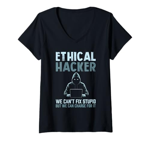 Damen Sarkastischer ethischer Hacker kann nicht dumm beheben, aber kann dafür aufladen T-Shirt mit V-Ausschnitt Damen Sarkastischer ethischer Hacker kann nicht dumm beheben, aber kann dafür aufladen T-Shirt mit V-Ausschnitt von Funny Skilled Hackers Cyber Security Specialist