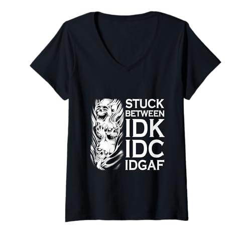 Damen Lustiger Totenkopf steckt zwischen Idk IDC Idgaf T-Shirt mit V-Ausschnitt von Funny Skull Stuck Between Idk Idc Idgaf