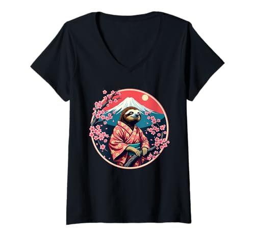 Damen Japanischer Faultier Kimono Kirschblüte Sakura Mount Fuji Japan T-Shirt mit V-Ausschnitt Damen Japanischer Faultier Kimono Kirschblüte Sakura Mount Fuji Japan T-Shirt mit V-Ausschnitt von Funny Sloth Animal Lover Gifts