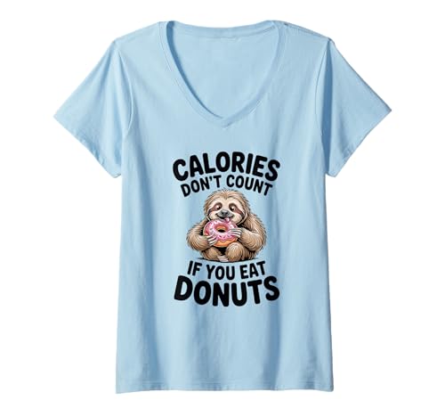 Damen Niedlicher Faultier-Donut-Humor für Diät-Polizisten und Carb-Liebhaber T-Shirt mit V-Ausschnitt Damen Niedlicher Faultier-Donut-Humor für Diät-Polizisten und Carb-Liebhaber T-Shirt mit V-Ausschnitt von Funny Sloth Donut Calories Don’t Count Food Police