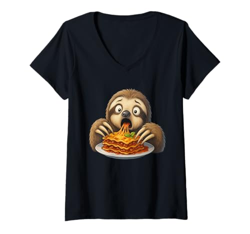 Damen Süßes Faultier frisst Lasagne Lustiges hungriges Tier T-Shirt mit V-Ausschnitt Damen Süßes Faultier frisst Lasagne Lustiges hungriges Tier T-Shirt mit V-Ausschnitt von Funny Sloth Eating Pasta Lasagna