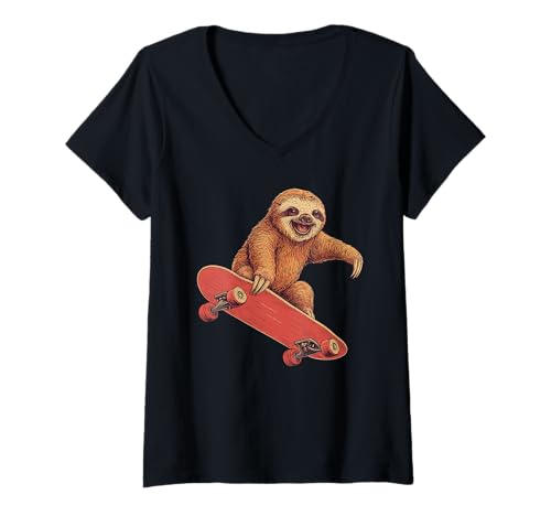 Damen Funny Sloth On A Skateboard Skateboarding T-Shirt mit V-Ausschnitt von Funny Sloth On A Skateboard Skateboarding Apparel