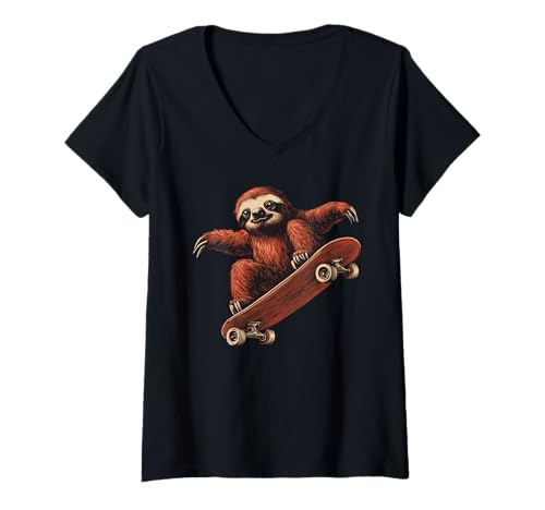 Damen Funny Sloth On A Skateboard Skateboarding T-Shirt mit V-Ausschnitt von Funny Sloth On A Skateboard Skateboarding Apparel