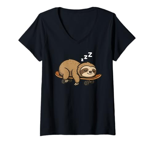 Damen Funny Sloth Sleeping On A Skateboard Skateboarding T-Shirt mit V-Ausschnitt von Funny Sloth On A Skateboard Skateboarding Apparel