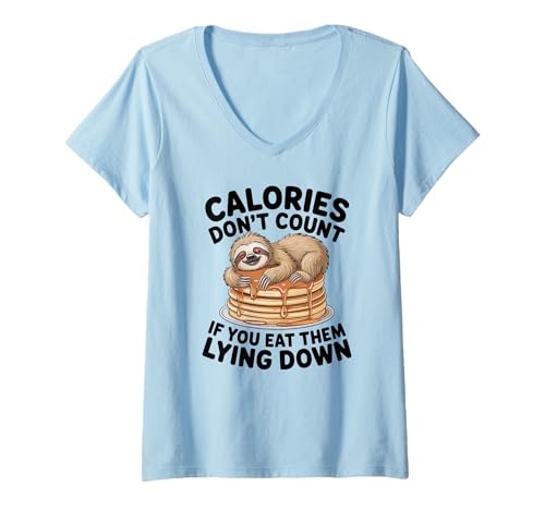 Damen Lustige Faultier-Pfannkuchen Kalorien zählen Nicht beim Liegen T-Shirt mit V-Ausschnitt Damen Lustige Faultier-Pfannkuchen Kalorien zählen Nicht beim Liegen T-Shirt mit V-Ausschnitt von Funny Sloth Pancakes Diet & Food Lovers