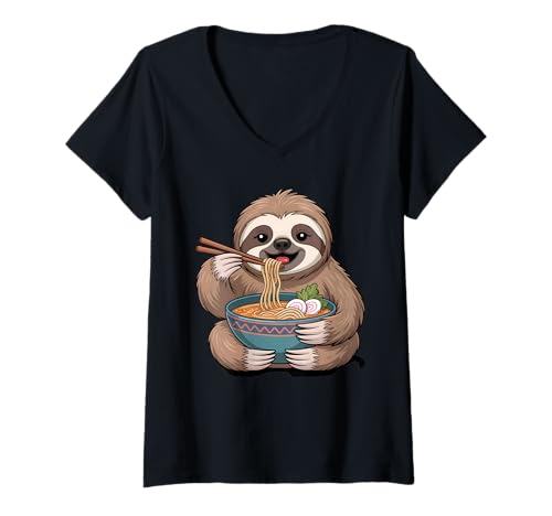 Damen Niedliches Faultier isst Ramen Japanische Kawaii Tiernudeln T-Shirt mit V-Ausschnitt Damen Niedliches Faultier isst Ramen Japanische Kawaii Tiernudeln T-Shirt mit V-Ausschnitt von Funny Sloth Ramen Lover Apparel