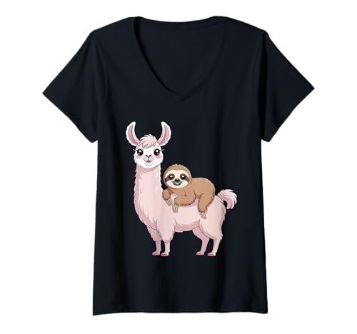 Damen Faultier reitendes Lama, lustiges Lama für Männer, Frauen, Kinder T-Shirt mit V-Ausschnitt Damen Faultier reitendes Lama, lustiges Lama für Männer, Frauen, Kinder T-Shirt mit V-Ausschnitt von Funny Sloth Riding Llama Lover Design