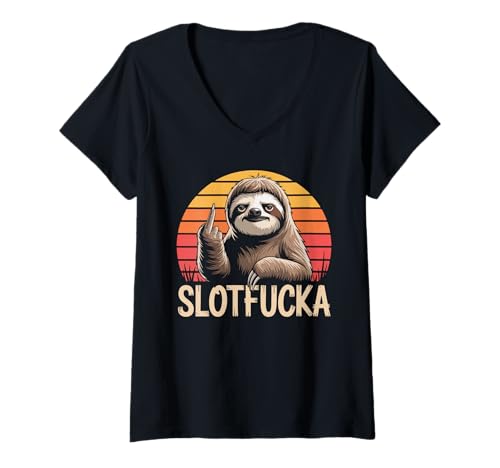 Damen Slotfucka Lustiges Faultier Shirt Retro Sloth Humor T-Shirt mit V-Ausschnitt Damen Slotfucka Lustiges Faultier Shirt Retro Sloth Humor T-Shirt mit V-Ausschnitt von Funny Sloth Shirts & Lazy Humor