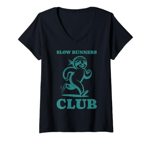 Damen Slow Runners Club Sloth Funny Vintage Monochrome T-Shirt mit V-Ausschnitt Damen Slow Runners Club Sloth Funny Vintage Monochrome T-Shirt mit V-Ausschnitt von Funny Slow Sloth Jogging Running Humor