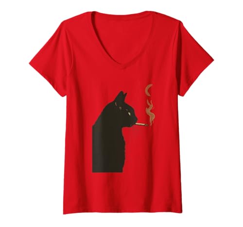 Damen Lustige Rauchende Katze, Vintage Rauchende Schwarze Katze Meme, Katzenliebhaber T-Shirt mit V-Ausschnitt Damen Lustige Rauchende Katze, Vintage Rauchende Schwarze Katze Meme, Katzenliebhaber T-Shirt mit V-Ausschnitt von Funny Smoking Cat Meme