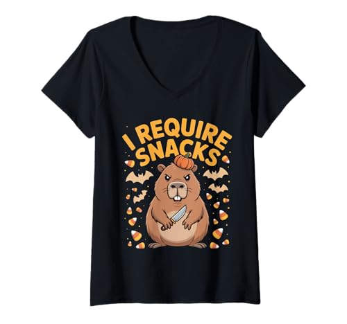 Damen Ich benötige gruselige Snacks Angry Capybara Halloween T-Shirt mit V-Ausschnitt Damen Ich benötige gruselige Snacks Angry Capybara Halloween T-Shirt mit V-Ausschnitt von Funny Snack Lover Halloween Capybara
