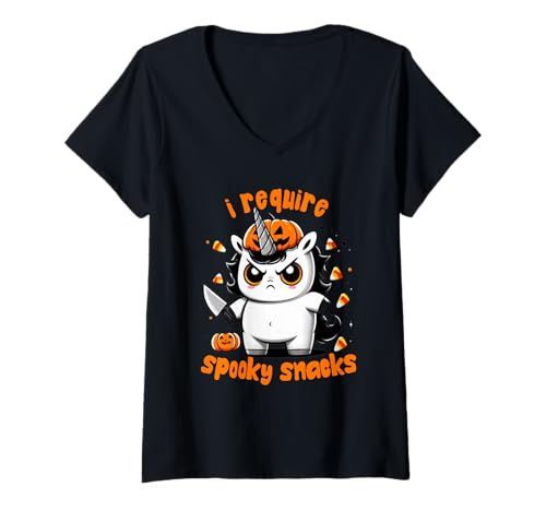 Damen Ich benötige gruselige Snacks Angry Unicorn Halloween T-Shirt mit V-Ausschnitt Damen Ich benötige gruselige Snacks Angry Unicorn Halloween T-Shirt mit V-Ausschnitt von Funny Snack Lover Halloween Unicorn