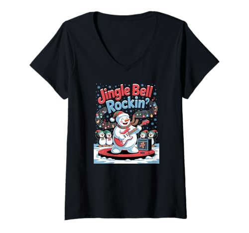 Damen Rockin Schneemann und Pinguine Weihnachtsmusik T-Shirt mit V-Ausschnitt von Funny Snowman Holiday Apparel Gifts by Anastasia