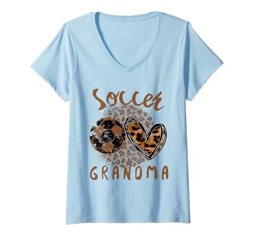 Damen Lustige Oma Stolzer Fußballliebhaber Herz Leopard für Frauen T-Shirt mit V-Ausschnitt von Funny Soccer Grandma Heart
