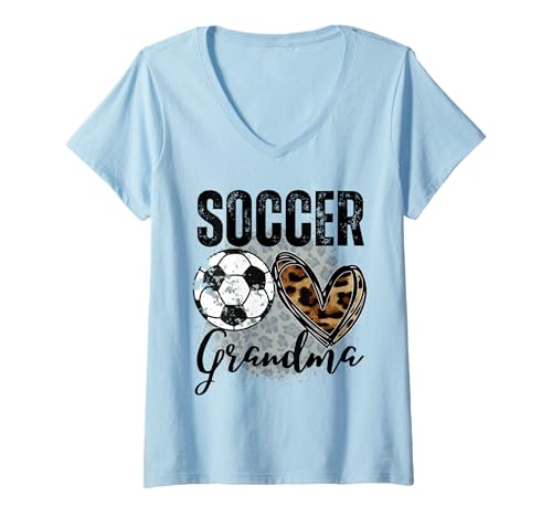Damen Lustige Oma Stolzer Fußballliebhaber Herz Leopard für Frauen T-Shirt mit V-Ausschnitt von Funny Soccer Grandma Heart