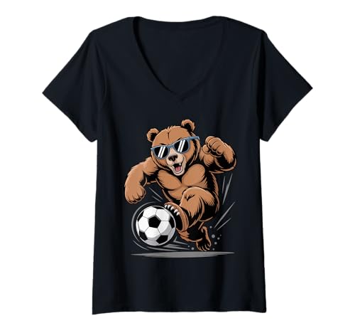 Damen Lustiger Bär spielt Fußball Grafik Sport Ball Tier Kunstwerk T-Shirt mit V-Ausschnitt Damen Lustiger Bär spielt Fußball Grafik Sport Ball Tier Kunstwerk T-Shirt mit V-Ausschnitt von Funny Soccer Graphic
