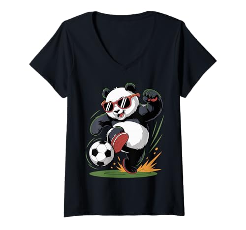 Damen Lustiger Panda spielt Fußball Grafik Tier Sport Ball Liebhaber T-Shirt mit V-Ausschnitt Damen Lustiger Panda spielt Fußball Grafik Tier Sport Ball Liebhaber T-Shirt mit V-Ausschnitt von Funny Soccer Panda Artwork