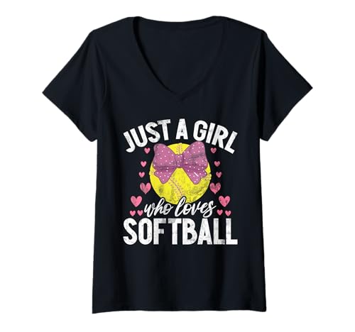 Damen Nur ein Mädchen, das Softball Game Day Vibes Softball-Zeug liebt T-Shirt mit V-Ausschnitt Damen Nur ein Mädchen, das Softball Game Day Vibes Softball-Zeug liebt T-Shirt mit V-Ausschnitt von Funny Softball Player Teen Girls Youth Gifts Women