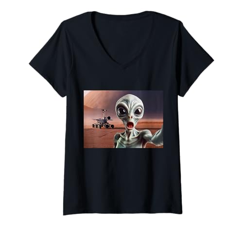 Damen Lustiger überraschter Martian Space Alien mit Mars Rover T-Shirt mit V-Ausschnitt Damen Lustiger überraschter Martian Space Alien mit Mars Rover T-Shirt mit V-Ausschnitt von Funny Space Aliens Souvenirs & Gifts by DV8sTees