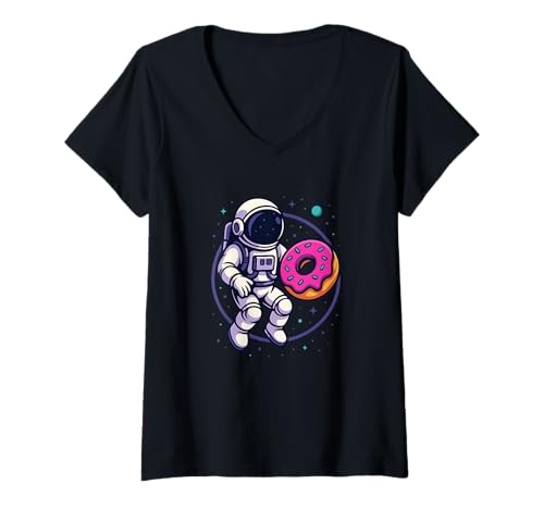 Damen Astronaut Donut Galaxy Grafik Lustiger Weltraum T-Shirt mit V-Ausschnitt von Funny Space Donut Astronaut Galaxy Humor Apparel