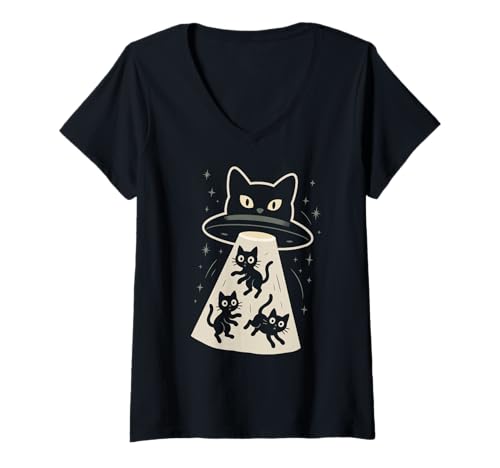 Damen Lustige Katze & UFO, Raumschiff, süßes Kätzchen, Alien & Katzen T-Shirt mit V-Ausschnitt Damen Lustige Katze & UFO, Raumschiff, süßes Kätzchen, Alien & Katzen T-Shirt mit V-Ausschnitt von Funny Space Themed Graphics & Designs