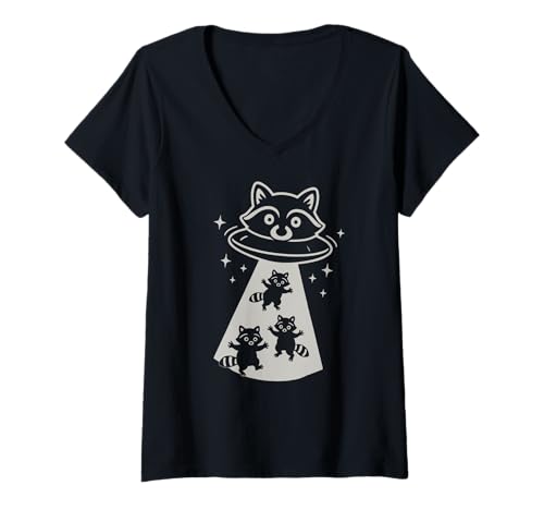 Damen Lustiger Waschbär & UFO, Raumschiff, Alien & süßer Waschbär T-Shirt mit V-Ausschnitt Damen Lustiger Waschbär & UFO, Raumschiff, Alien & süßer Waschbär T-Shirt mit V-Ausschnitt von Funny Space Themed Graphics & Designs