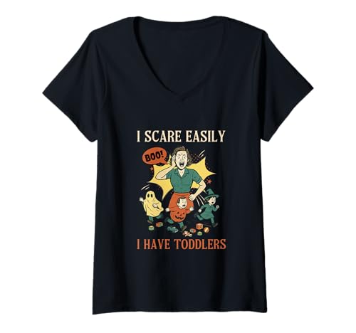 Damen Ich erschrecke Mich leicht Ich Habe Kleinkinder Halloween Gruselige Junge Mama T-Shirt mit V-Ausschnitt Damen Ich erschrecke Mich leicht Ich Habe Kleinkinder Halloween Gruselige Junge Mama T-Shirt mit V-Ausschnitt von Funny Spooky Boozy Ghost Retro Cartoon Tee