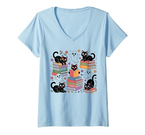 Damen Gruselige süße Katze und Geist lesen Bücher Liebhaber Halloween T-Shirt mit V-Ausschnitt Damen Gruselige süße Katze und Geist lesen Bücher Liebhaber Halloween T-Shirt mit V-Ausschnitt von Funny Spooky Cat Ghost Reading Book Lover Gifts