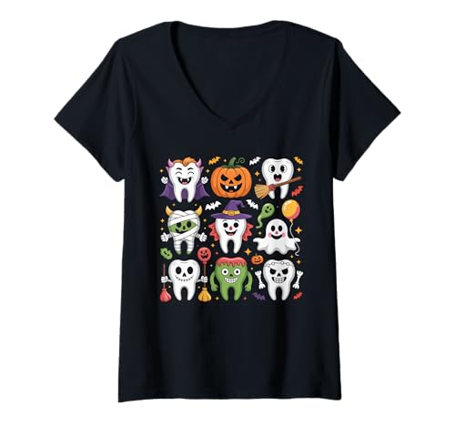 Damen Niedlicher gruseliger Zahnzahn, Happy Halloween, Zahnarzt T-Shirt mit V-Ausschnitt Damen Niedlicher gruseliger Zahnzahn, Happy Halloween, Zahnarzt T-Shirt mit V-Ausschnitt von Funny Spooky Dental Halloween Costume Gifts Idea