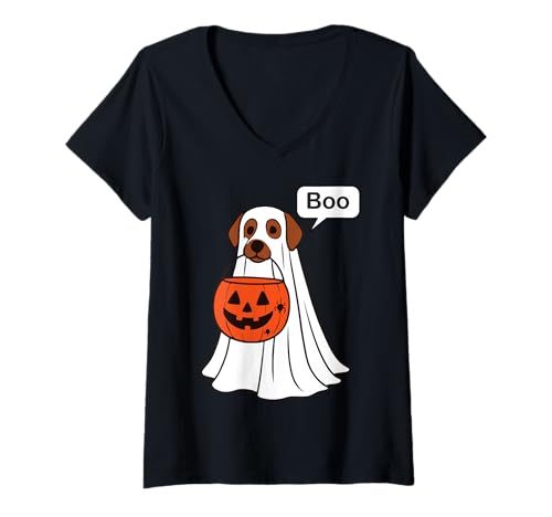 Damen Lustiger Hund-Geist Halloween-Kürbis-Süßes-oder-Saures T-Shirt mit V-Ausschnitt Damen Lustiger Hund-Geist Halloween-Kürbis-Süßes-oder-Saures T-Shirt mit V-Ausschnitt von Funny Spooky Dog Halloween Trick-or-Treat Cartoon