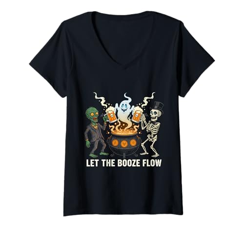Damen Lustiger Halloween-Zombie-Geister-Skelett-Biersack T-Shirt mit V-Ausschnitt Damen Lustiger Halloween-Zombie-Geister-Skelett-Biersack T-Shirt mit V-Ausschnitt von Funny Spooky Drinking Party Halloween Tees