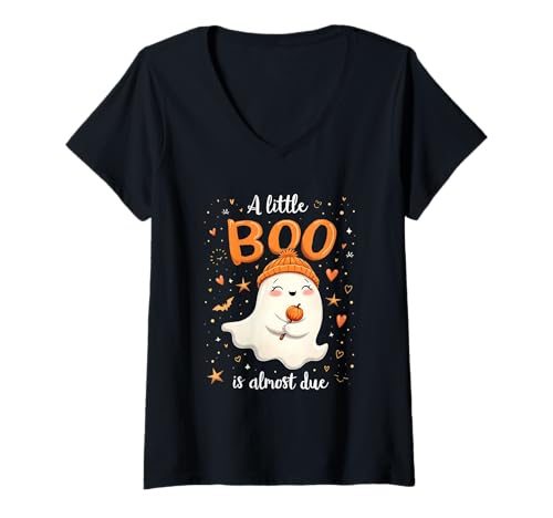 Damen A Little Boo is Almost Due Expecting Mom Halloween-Kostüm T-Shirt mit V-Ausschnitt von Funny Spooky Enthusiast Halloween Party Costume