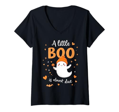 Damen EIN Kleiner Buh ist Fast fällig Halloween-Schwangerschaft Süß T-Shirt mit V-Ausschnitt von Funny Spooky Enthusiast Halloween Party Costume